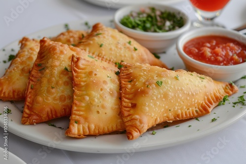 A serving of pastel, deep-fried pastry pockets filled with cheese, meat, or shrimp, served with a side of fresh salsa