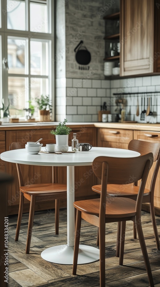 Cozy kitchen dining setup with wooden cabinets and round table near window in a sunlit room Cozy kitchen dining setup with wooden cabinets and round table near window in a sunlit room