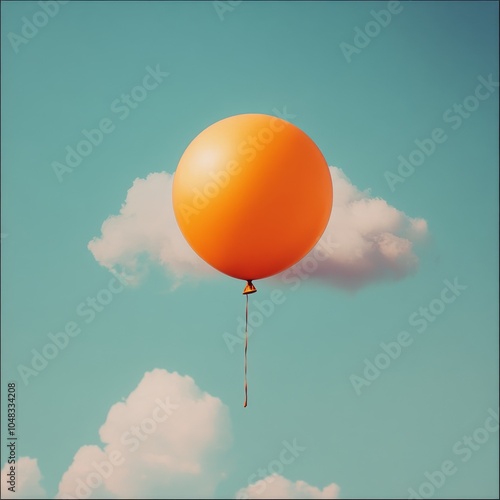 An orange balloon floating against a clear blue sky with fluffy white clouds ...