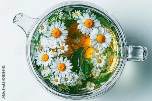 A clear teapot filled with amber herbal tea surrounded by blooming white dais...