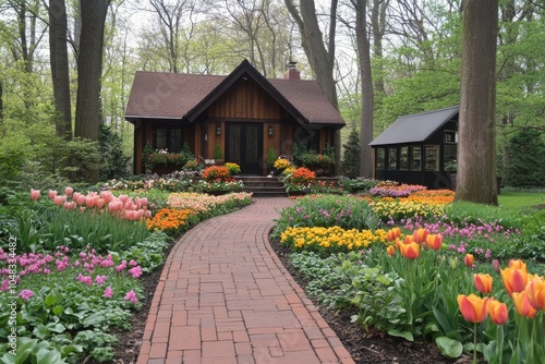 Cozy cottage surrounded by vibrant tulip gardens in springtime bloom