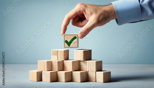 A hand in a blue shirt holds a wooden cube with a green checkmark on it above a pyramid of wooden cubes. The background is a light blue wall. symbolizes success, achievement, and completion.