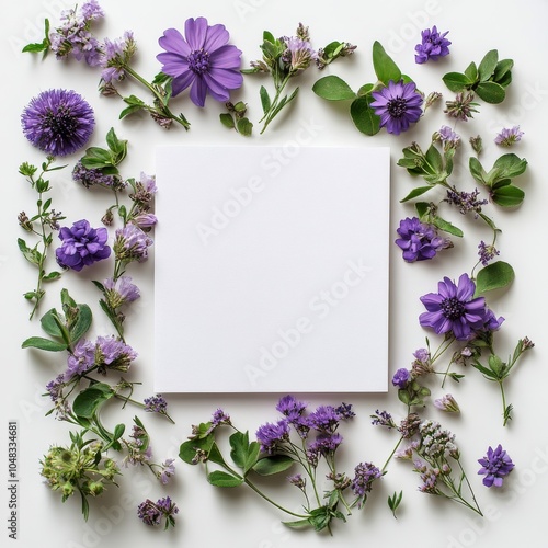 Elegant arrangement of purple flowers and blank space for creative projects o...
