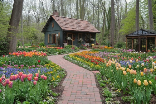 Cozy cottage surrounded by vibrant tulip gardens in springtime bloom