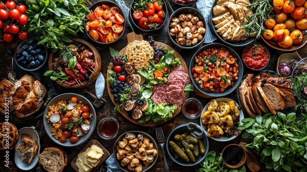 A vibrant spread of assorted dishes featuring fresh vegetables, herbs, meats, and baked goods, beautifully arranged in various bowls and plates. A vibrant spread of assorted dishes featuring fresh vegetables, herbs, meats, and baked goods, beautifully arranged in various bowls and plates.