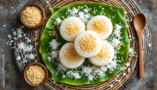 Burmese Steamed Rice Cakes (Mont Hti) with Sesame Seeds and Coconut photo