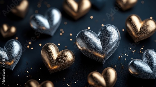 Decorative hearts in shimmering gold and silver tones scattered on a dark surface with a touch of glitter, perfect for Valentine’s Day or romantic occasions