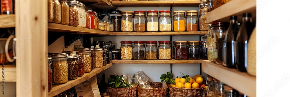 A well organized kitchen pantry filled with jars of grains spices and baskets of fresh produce giving off a healthy lifestyle vibe A well organized kitchen pantry filled with jars of grains spices and baskets of fresh produce giving off a healthy lifestyle vibe