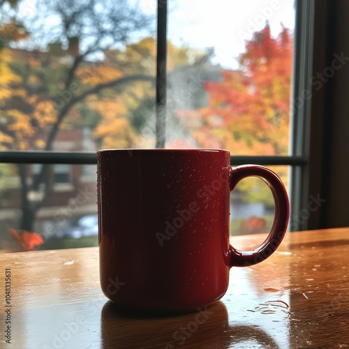 Warm coffee mug resting on a wooden table near large windows on a rainy day