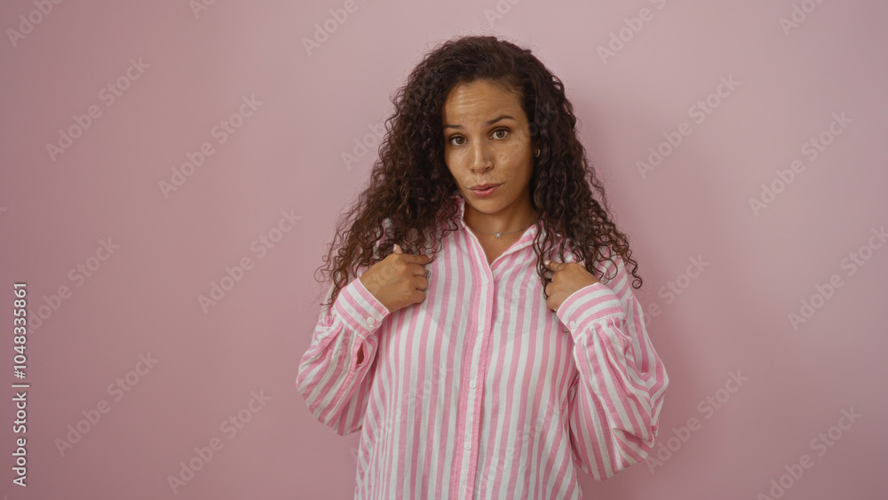Young woman with curly brunette hair points at herself over an isolated pink background, displaying a confident, playful expression. Young woman with curly brunette hair points at herself over an isolated pink background, displaying a confident, playful expression.