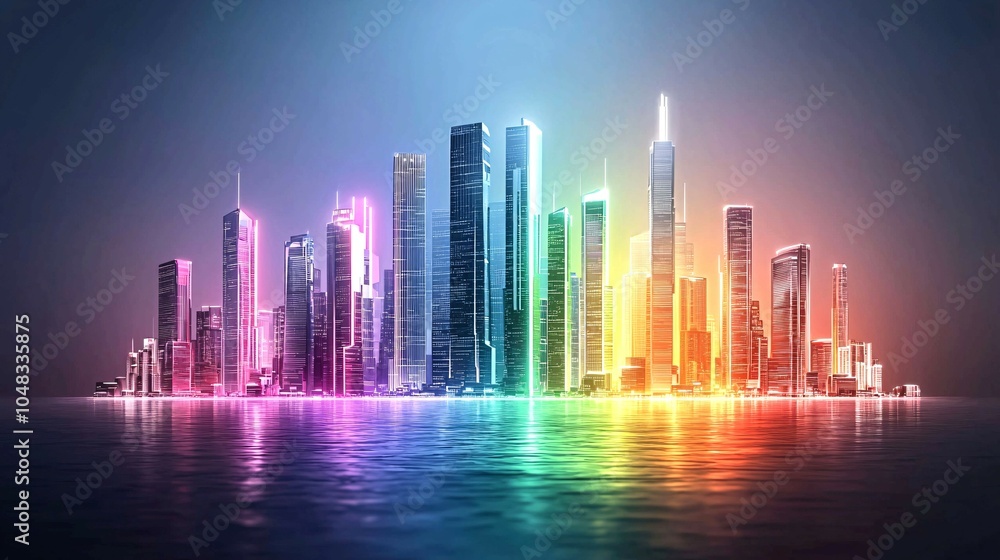 A vibrant, illuminated city skyline reflected in water, showcasing colorful lights and modern architecture against a twilight backdrop. A vibrant, illuminated city skyline reflected in water, showcasing colorful lights and modern architecture against a twilight backdrop.
