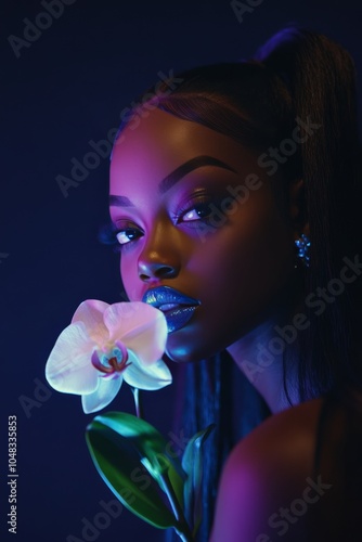 A young woman with blue lips poses gracefully with a white orchid in a vibran...