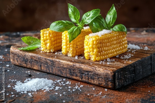 Freshly prepared golden corn with basil and salt on a wooden board