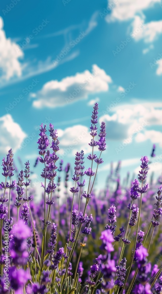 Fototapeta premium A field of lavender, the sky is blue with white clouds