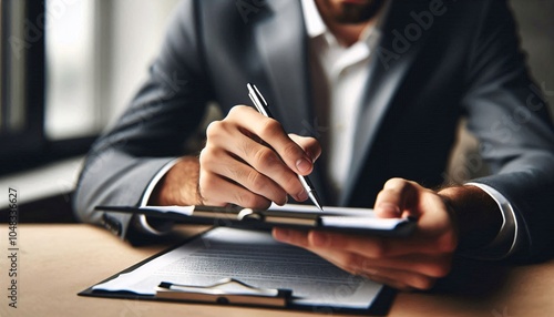 shows a man in a suit sitting at a desk and signing a document. He is holding a pen in his right hand and is about to sign a document on a clipboard. The man's left hand is holding the clipboard. is f photo