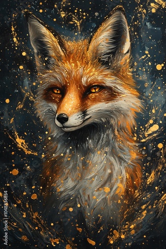 Vibrant artistic depiction of a fox with glowing eyes set against a dark abstract background filled with golden splashes