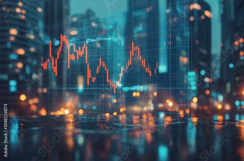 Dynamic financial market trends visualized over a cityscape at night