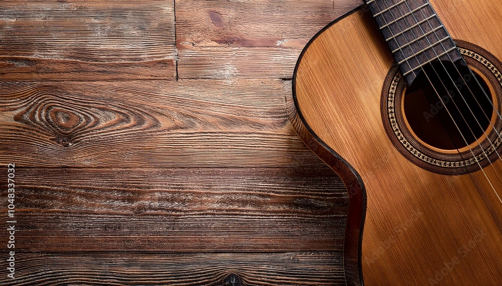 Fototapeta premium 木のテクスチャとクラシックギターが織りなす心地よいデザインの世界