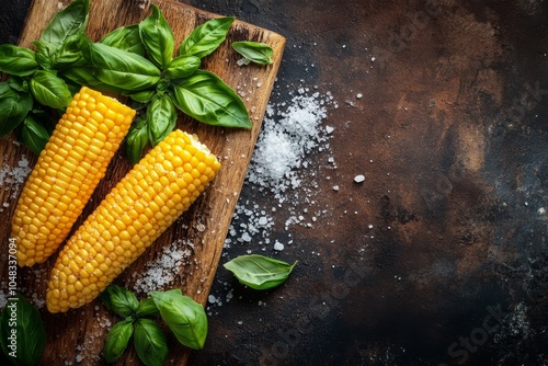 Freshly prepared golden corn with basil and salt on a wooden board