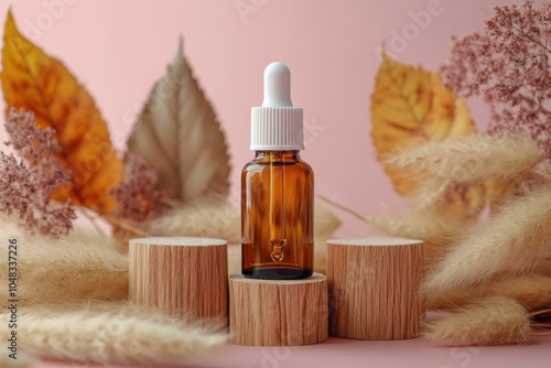 Serum bottle placed on wooden stump surrounded by dried flowers and leaves in...