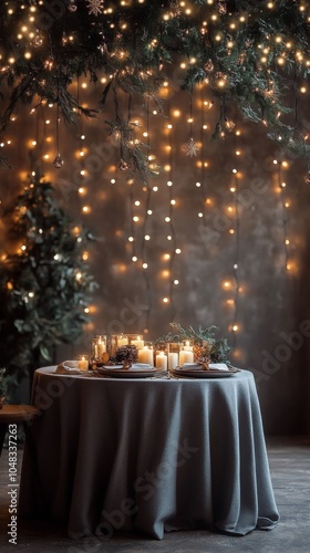 Elegant dinner table adorned with candles and festive lights in a cozy setting