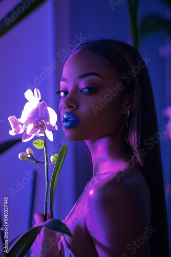 A young woman with blue lips poses gracefully with a white orchid in a vibran...