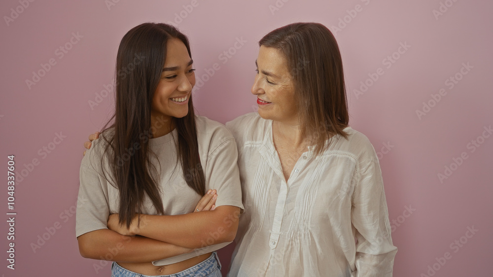 Mother and daughter smiling warmly at each other against a pink background, both showing familial love and connection. Mother and daughter smiling warmly at each other against a pink background, both showing familial love and connection.