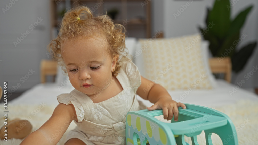 Adorable blonde toddler girl playing with a toy on a bed in a cozy bedroom, showcasing childhood charm and indoor home warmth Adorable blonde toddler girl playing with a toy on a bed in a cozy bedroom, showcasing childhood charm and indoor home warmth