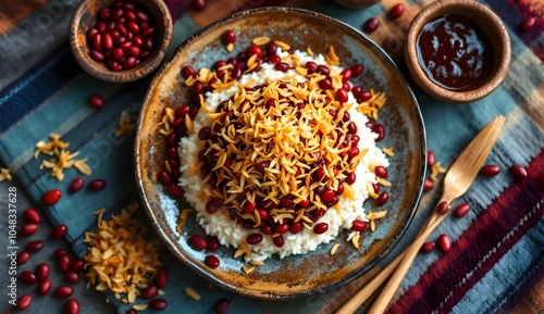 Burmese Thamin Paung Sticky Rice with Red Beans Topped with Crispy Onions (Burmese Cuisine) photo