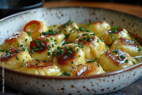 A serving of pelmeni, Russian dumplings filled with meat, topped with melted butter and a sprinkle of chives photo