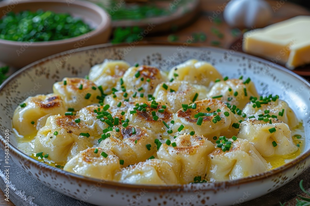 A serving of pelmeni, Russian dumplings filled with meat, topped with melted butter and a sprinkle of chives A serving of pelmeni, Russian dumplings filled with meat, topped with melted butter and a sprinkle of chives