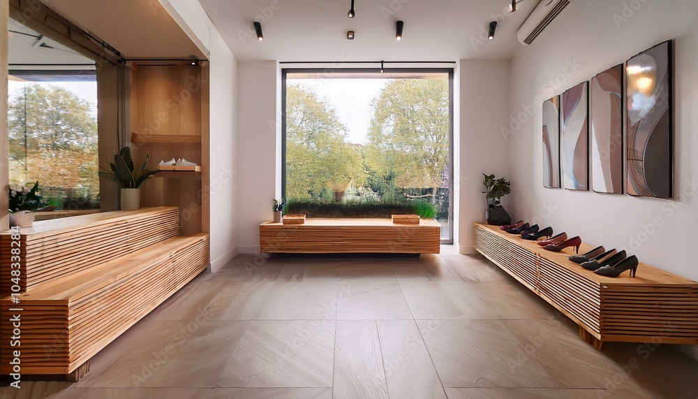Obraz premium 木製の靴箱とベンチが作るリラックスしたエントランス空間
