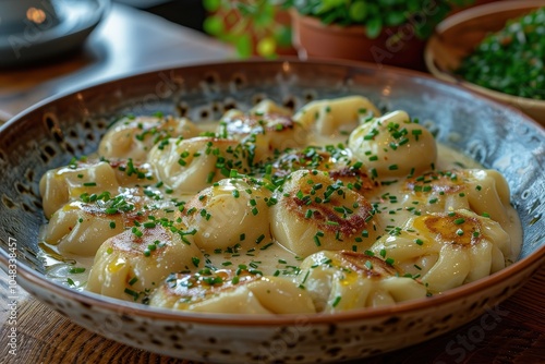 A serving of pelmeni, Russian dumplings filled with meat, topped with melted butter and a sprinkle of chives photo