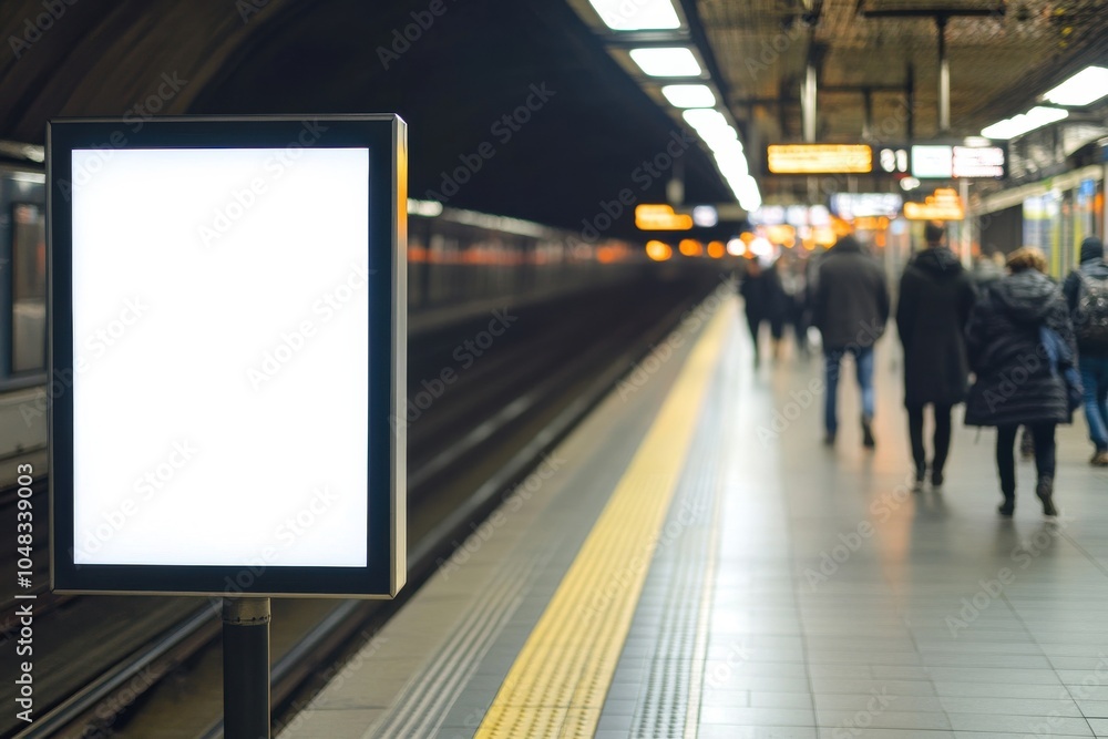 Vacant ad space situated at a busy train station platform with people walking past Vacant ad space situated at a busy train station platform with people walking past