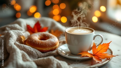 Cup of coffee and donut with Autumn leaves with Thanksgiving bokeh background