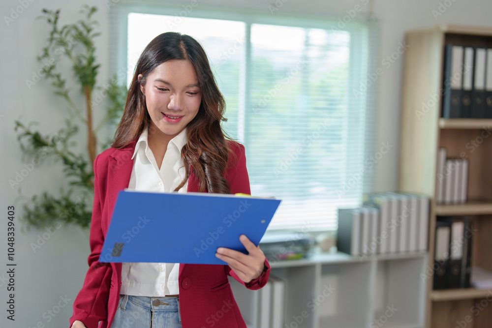 Attractive Asian businesswoman standing on the phone talking about real estate projects and chatting with happy smiles at the office. Attractive Asian businesswoman standing on the phone talking about real estate projects and chatting with happy smiles at the office.