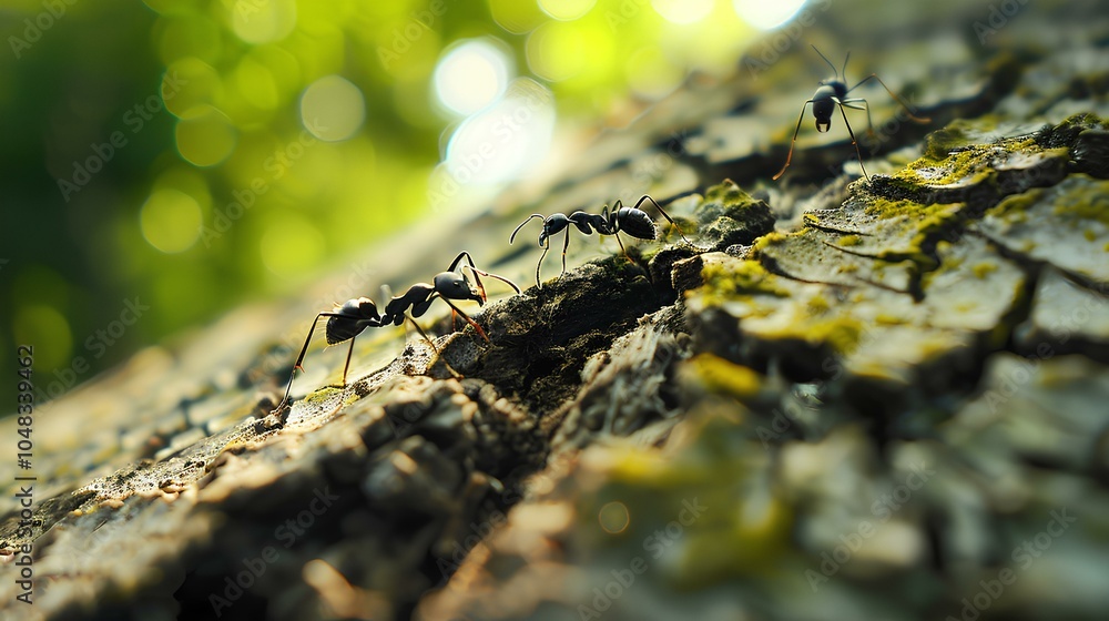 A close-up of ants crawling on a textured wooden surface, surrounded by greenery, showcasing nature's intricate details. A close-up of ants crawling on a textured wooden surface, surrounded by greenery, showcasing nature's intricate details.