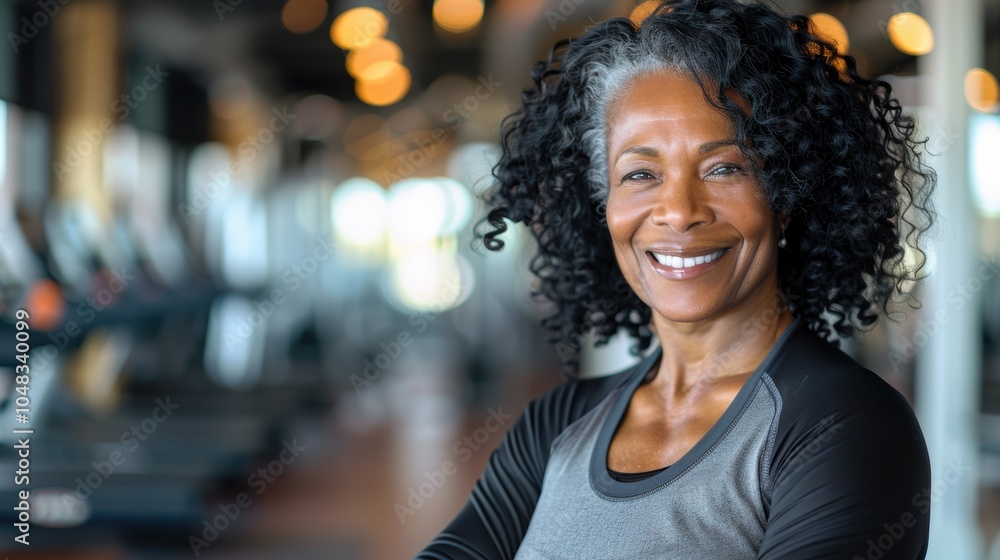 An older woman smiling proudly in a modern gym, showcasing her fitness journey during an afternoon workout session An older woman smiling proudly in a modern gym, showcasing her fitness journey during an afternoon workout session