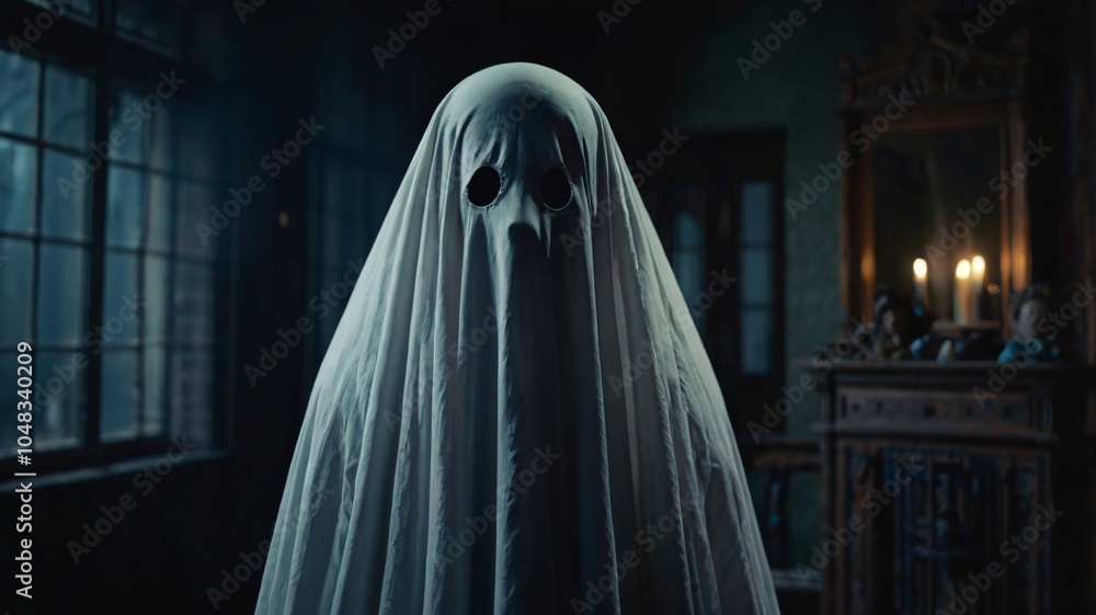 A mysterious ghost figure stands in a dimly lit room filled with shadows and candlelight, evoking an eerie atmosphere at night A mysterious ghost figure stands in a dimly lit room filled with shadows and candlelight, evoking an eerie atmosphere at night