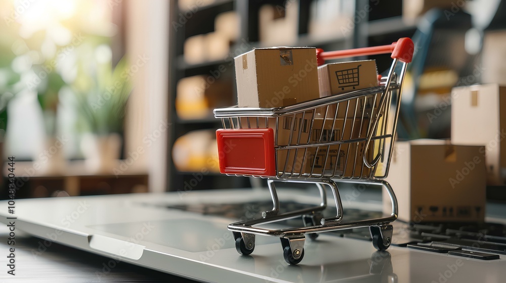 A shopping cart filled with small boxes sits on a laptop, symbolizing online shopping and e-commerce convenience in a modern retail environment. A shopping cart filled with small boxes sits on a laptop, symbolizing online shopping and e-commerce convenience in a modern retail environment.