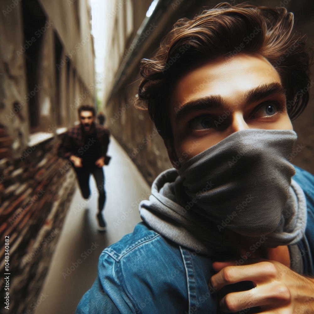 A tense chase in a narrow alley as a masked figure looks back at a pursuer during an urban adventure in the city A tense chase in a narrow alley as a masked figure looks back at a pursuer during an urban adventure in the city