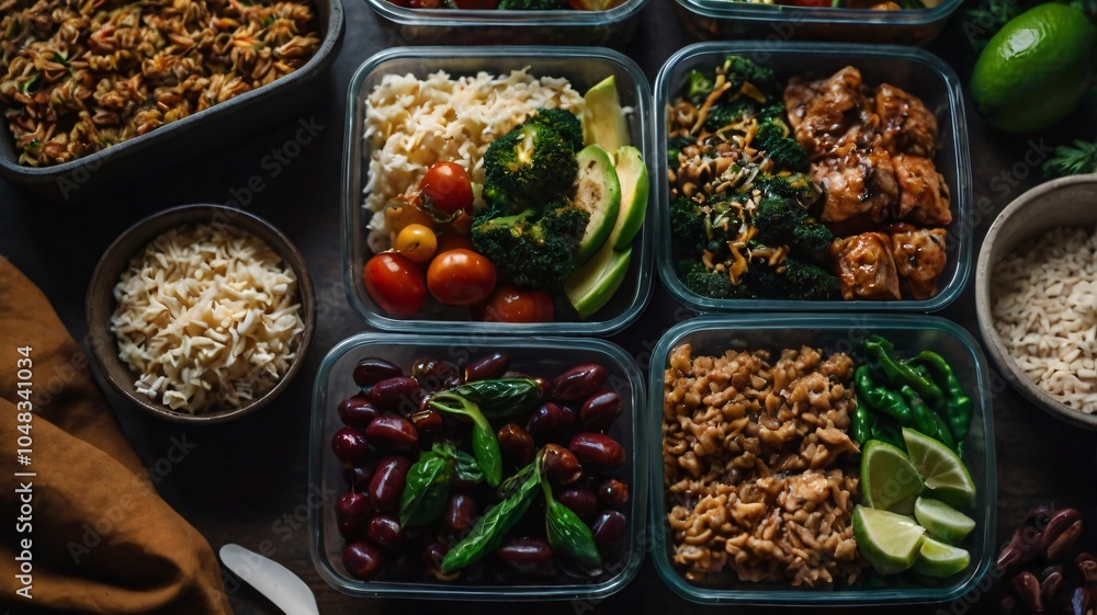 Meal prep containers filled with a variety of healthy dishes and vibrant vegetables on a rustic wooden table Meal prep containers filled with a variety of healthy dishes and vibrant vegetables on a rustic wooden table