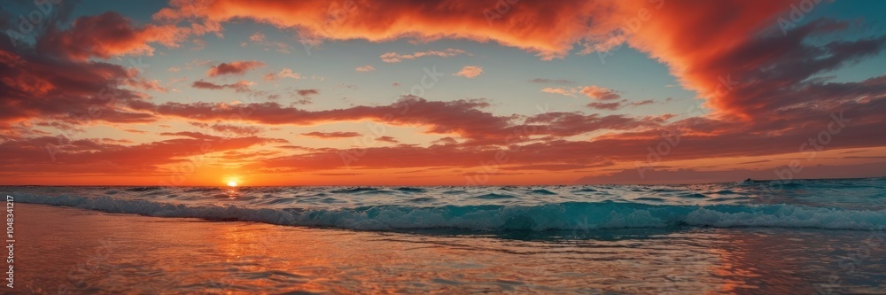 Fototapeta premium Red sunset meeting the sea with cloudy sky