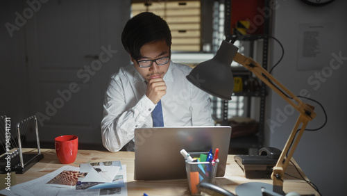 Asian man concentrated on investigation clues at detective office desk with laptop and documents photo