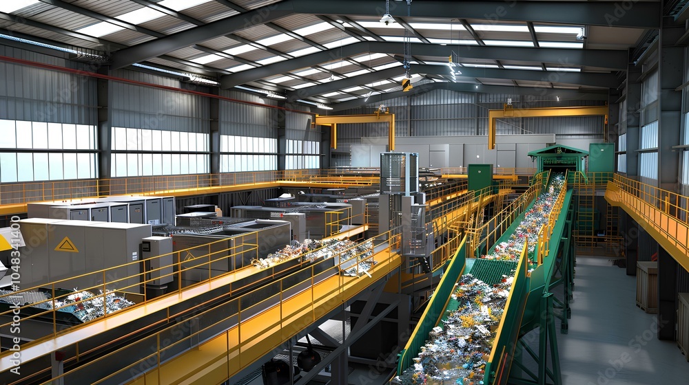 Fototapeta premium A modern recycling facility with conveyor belts processing waste materials under bright overhead lights in an industrial setting.