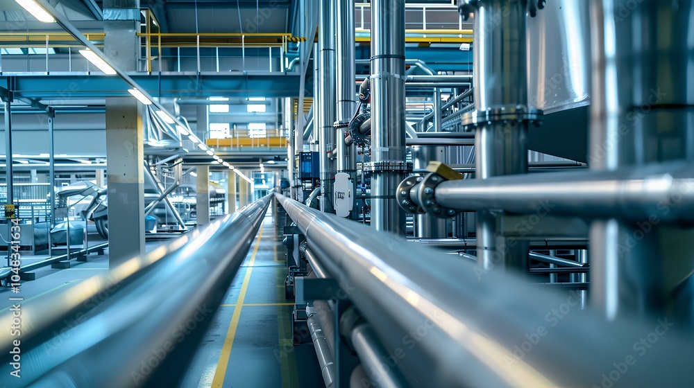 A modern industrial facility showcasing extensive piping systems, illuminated by bright overhead lights. A modern industrial facility showcasing extensive piping systems, illuminated by bright overhead lights.