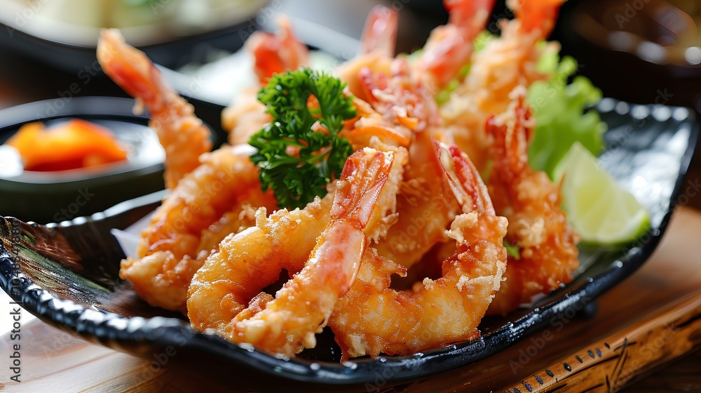 Crispy fried shrimp garnished with parsley and lime, served on a black plate, showcasing a delicious seafood dish. Crispy fried shrimp garnished with parsley and lime, served on a black plate, showcasing a delicious seafood dish.