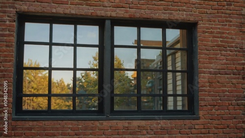 A rustic brick wall with large black framed windows reflecting autumn foliage in the evening light of a serene neighborhood