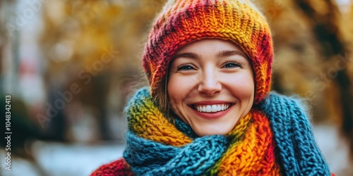 Smiling woman wearing a colorful knitted hat and scarf enjoys a sunny autumn day in the park, surrounded by golden leaves and vibrant nature