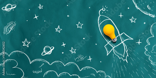 Fototapeta Naklejka Na Ścianę i Meble -  Idea light bulb rocket flying to the sky - Flat lay